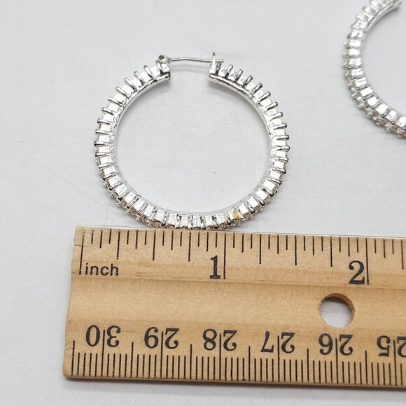 Silver Tone Clear Rhinestone Hoop Bling Earrings 1.75 Inches Vintage - Picture 5 of 5